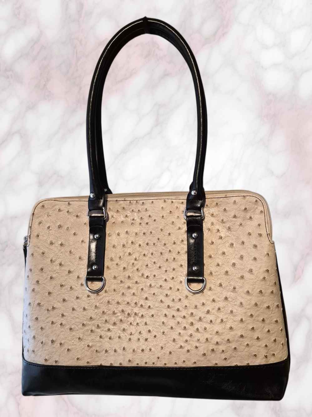 Faux Ostrich Cream and Black Satchel Handbag
